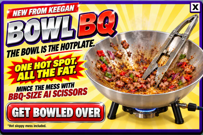 Bowl BQ: the bowl itself is the hotplate, creating one hot spot where the fat and food collect to be minced with barbecue-size AI scissors.