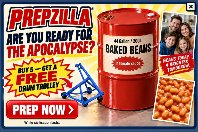 Prepzilla: are you ready for the apocalypse? Buy five 44 gallon drums of baked beans in tomato sauce and get a free drum trolley. While civilisation lasts.